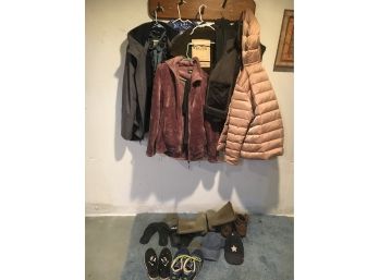E64 Large Lot Of Jackets, Shoes, Including LL Bean, Hollister, And More