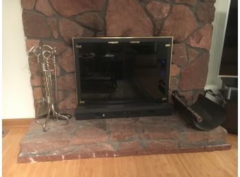 E18 Fireplace Accessories Lot Including High Polished Steel Tool Set And Iron Log Holder