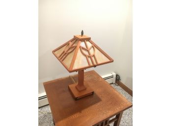 E29 Decorative Table Lamp With Wood And Glass Shade, Works