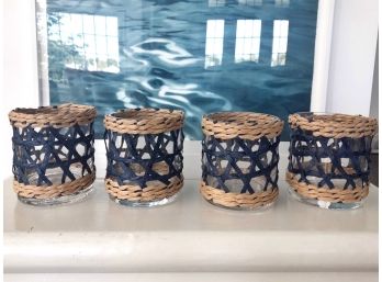 Set Of 4 Woven Candle Holders With Glass Insert