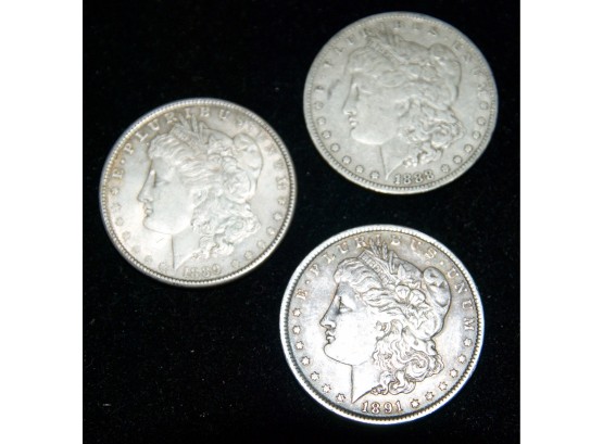 Three Morgan Silver Dollars- 1891, 1889, 1888-O