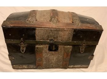 Antique Dome Top Metal & Wood Banded Trunk