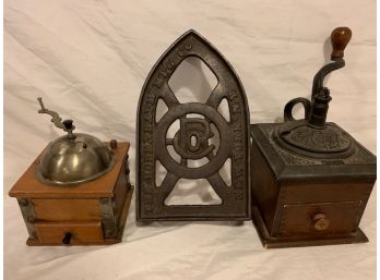 Antique Lot- Two Coffee Bean Grinders & Cast Iron Iron Trivet