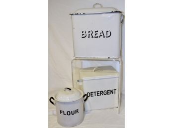 Vintage Metal Enamel Bread, Detergent And Flour Containers- Three Total