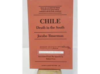 'Chile Death In The South' By Jacob Timberman Uncorrected Proof, From The Personal Library Of Gregory Katz