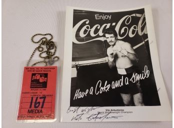 Vito Antuofermo World Middleweight Champion Autographed Photo To Gregory Katz, Alongside Backstage Media Pass