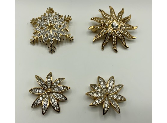 4 Pc Swarovski Crystal Pin Lot ~ Snowflake & 3 Flowers ~