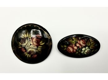 2 Signed Russian Lacquer Pins ~ Hand Painted ~