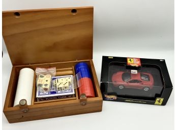 New Wood Card Box W/playing Cards & Chips  & Hot Wheels 360 Modena Ferrari