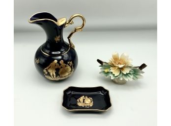 Limoges Pitcher & Pin Dish & Capodimonte Small Flower Basket