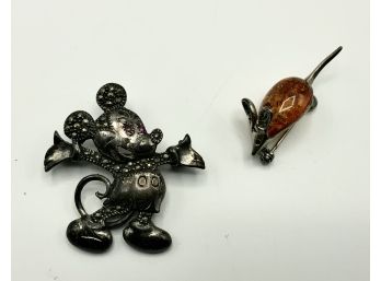 2 Sterling Silver Pins ~ Mickey Mouse & Mouse  W/Amber Body ~