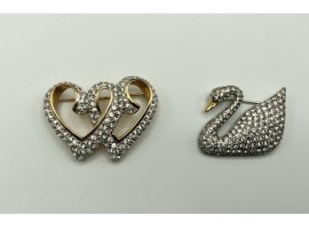 2 Swarovski Crystal Brooches ~ Swan & Double Heart ~
