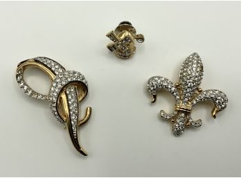 3 Swarovski Crystal Pins ~ Fleur De Lis, Ribbon & Windmill ~