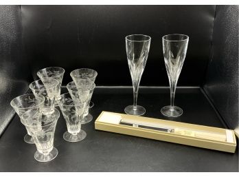 J. G. Durand Champagne Flutes, Lenox Cake Knife And 7 Beautiful Bottom Glasses