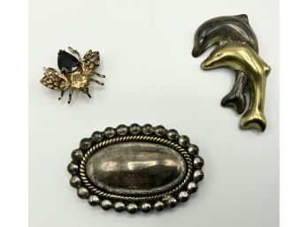 3 Sterling Pins~ Dolphins, Bee & More ~