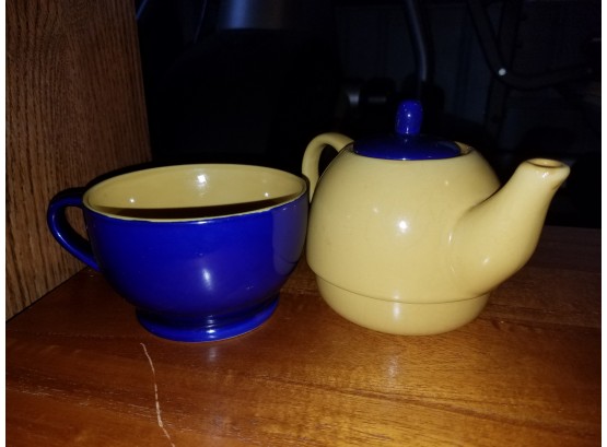 Yellow Tea Pot And Matching Blue Mug