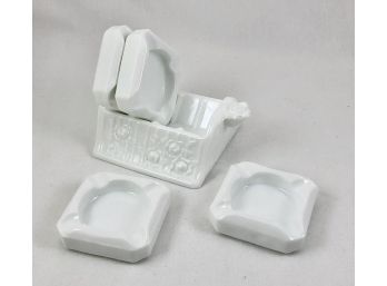 Set Of Vintage Milk Glass Ashtrays With Stand