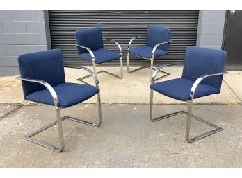 Set Of 4 Flat Bar Style Cantilever Chairs With Denim Upholstery