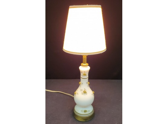 Vintage Milk Glass Table Lamp With Gold Accent Paint And Applied Ceramic Gold Flowers