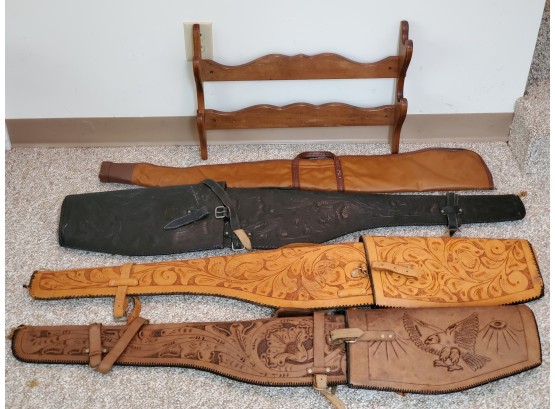 Lot Of Hand Tooled Leather And Vinyl Riffle Storage Bags And Wood Wall Rack