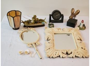 Household Assortment & Decor W/stain Glass Lamp Shade, Two Mirrors, Figurines, Desk Clock