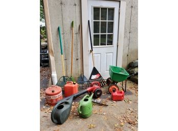 Large Outdoor Lot Including Scott's Lawn Spreader, Rakes, Three Gas Cans, Hand Held Leaf Blower, Etc