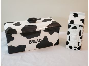 Two Ceramic Black And White Cow Motif Ceramic Cookie Jar And Loaf Bread Box