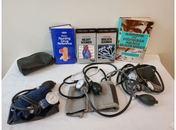 Medical Lot W/ Three Blood Pressure Meters  And Health Related Books