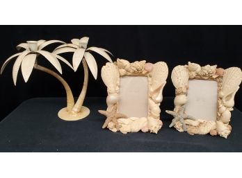 Pair Of Vintage Photo Frames With Easel Back - Nautical Themed & Double Metal Palm Tree Taper Candle Holder