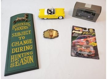 Mixed Lot With Model Cars, Belt Buckle And A Wall Hanging Plaque