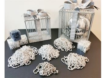 Christmas Lot With Two Sparkly Boxes With Bunches Of Silver Beaded Garland And One Blue