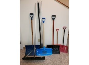 Assorted Winter Snow Shovels & Roof Rake W/Extra Extension Poles
