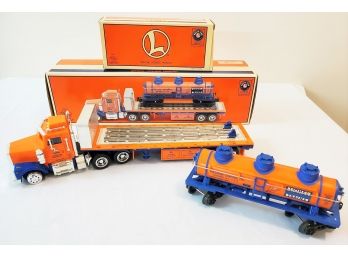 Set Of Lionel 1/32 Flat Bed Toy Truck W/lights / Sound & Three Dome Tank Car