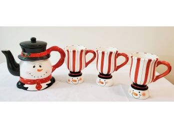 Adorable Snowman Ceramic Tea Pot With Three Matching Mugs