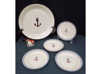 American Picnic Blue Anchor Enameled Metal Dinnerware Set With Large Serving Platter & Four Plates