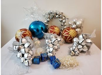 Christmas Lot With Jingle Bell Wreath, Three Large Red And Gold Ornaments, Tree Topper Star, Etc.