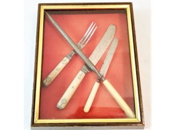 1800s Antique Civil War Era(?) Pewter Inlaid Bovine Bone Handled Cutlery In Shadowbox