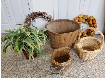 Assortment Of Wicker Baskets, Bushel Basket, Faux Spider Plant And Fall Themed Wreath