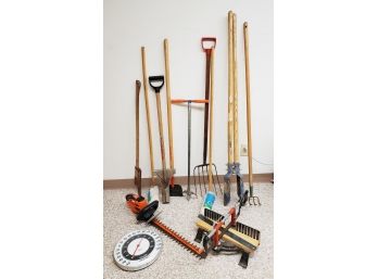 Mixed Assortment Of Yard Tools W/black And Decker 20' Hedge Trimmer, Two Brand New Mops & More