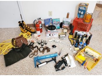 Garage Pot Luck W/tool Belts, Rope, Grilling, Flash Lights, Saftey Equipment, Casters And Much More