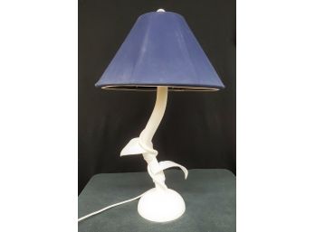 Beachy Look Large Vintage White Molded Plastic Two Bulb Table Lamp With Navy Blue Shade