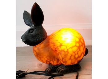 Adorable Lighted Bronze Metal & Orange Glass Bunny Rabbit Table Lamp