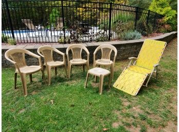 Outdoor Seating Assortment W/four Beige Plastic Stacking Chairs W/matching Table & One Vintage Web Chaise