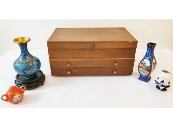 Vintage Wood Jewelry Box, Asian Themed Porcelain, Painted Brass Bud Vases And Trinkets
