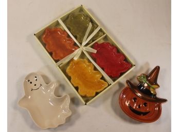 New Set Of Four Fall Leaf Dishes & Longaberger Porcelain Halloween Dishes - Ghost & Jack-o-lantern
