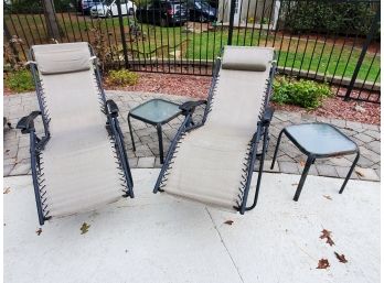 Lot Of Two Outdoor Reclining Lawn/Patio/Pool Chairs With Two Glass Topped Side Tables
