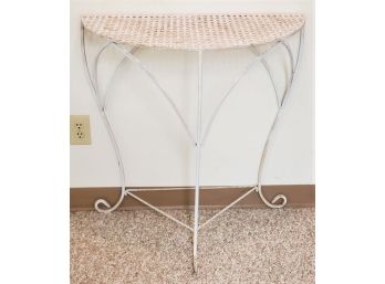 Cute White Small Wrought Iron Half Moon Table W/woven Top