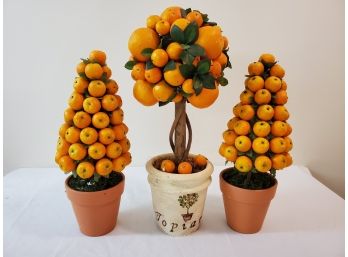 Set Of Three Faux Mini Orange Topiary Trees In Clay Pots