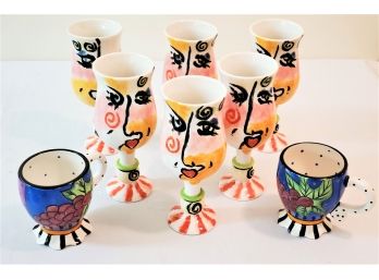 Six Bella Casa By Ganz 8' Funky/fun Painted Abstract Faces Wine Glasses With Two Coffee Mugs