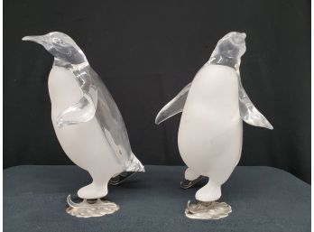 Adorable Pair Of Frosted And Clear Plastic Penguins On Ice Skates